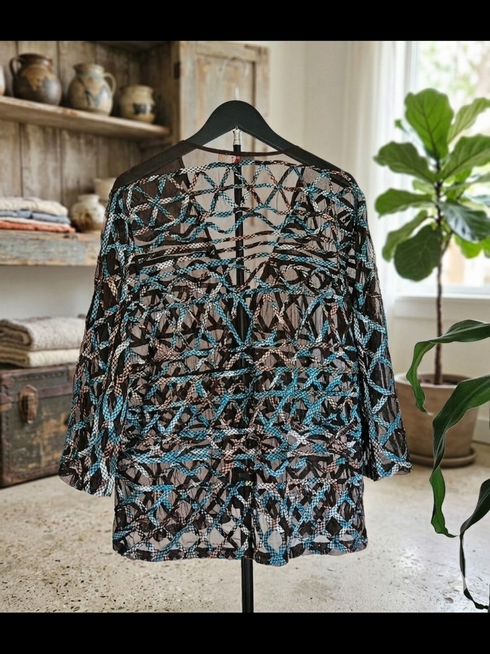 âChoices Sheer Mesh Ribbon Zip Front Cardigan Top Blouse Turquoise Blue Brown XL